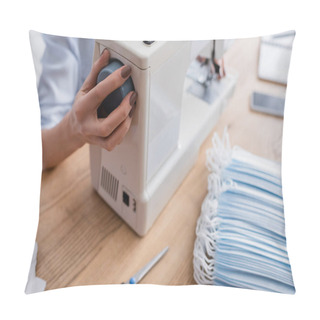 Personality  Cropped View Of Seamstress Adjusting Sewing Machine Near Medical Masks On Table  Pillow Covers