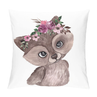 Personality  Watercolor Illustration With Cute Raccoon With Delicate Flowers And Leaves, Hand Draw Animal And Floral Element, Isolated On White Background Pillow Covers