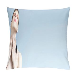 Personality  Portrait, Queer Model With Makeup Touching Neck On Grey, Beauty, Androgynous, Closed Eyes, Banner Pillow Covers