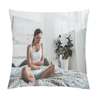 Personality  Sad Young Woman Sitting On Bed And Touching Belly Pillow Covers