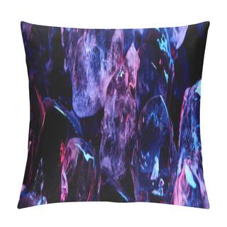 Personality  Panoramic Shot Of Clear Ice Cubes With Purple Colorful Lighting Isolated On Black Pillow Covers