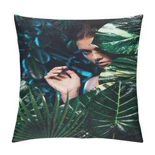 Personality  Young Woman Hiding Near Green Fresh Leaves  Pillow Covers