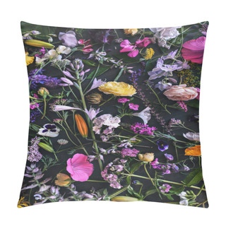 Personality  Multicolored Flowers On Black Wood Background, Top View ,copy Space Pillow Covers