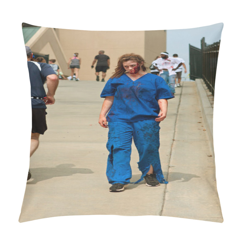 Personality  Female Zombie Nurse Skulks After Runners In 5K Run Pillow Covers