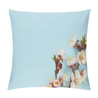 Personality  Close Up Of Tree Branch With Blossoming Spring White Flowers On Blue Background Pillow Covers