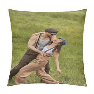 Personality  Cheerful Bearded Man In Sunglasses And Vintage Outfit Hugging Girlfriend In Newsboy Cap And Suspenders While Standing Together On Grassy Lawn At Background, Stylish Pair Amidst Nature Pillow Covers