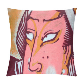 Personality  Fragment Of Colored Street Art Graffiti Paintings With Contours And Shading Close Up. Background Texture Of Youth Contemporary Art Culture. Japan Samurai Character's Face Pillow Covers