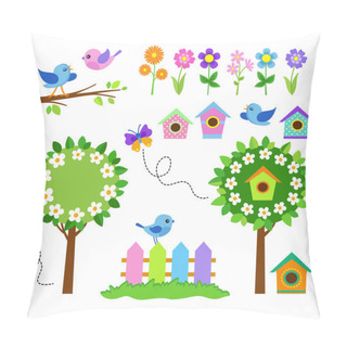 Personality  Garden Set With Birds, Blooming Trees, Flowers And Insects. Pillow Covers