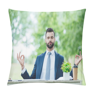 Personality  Handsome Young Businessman Meditating While Sitting At Table With Plant In White Flowerpot In Park  Pillow Covers