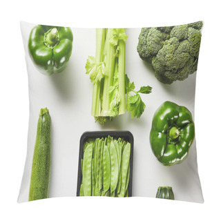 Personality  Flat Lay With Green Delicious Organic Vegetables On White Background Pillow Covers