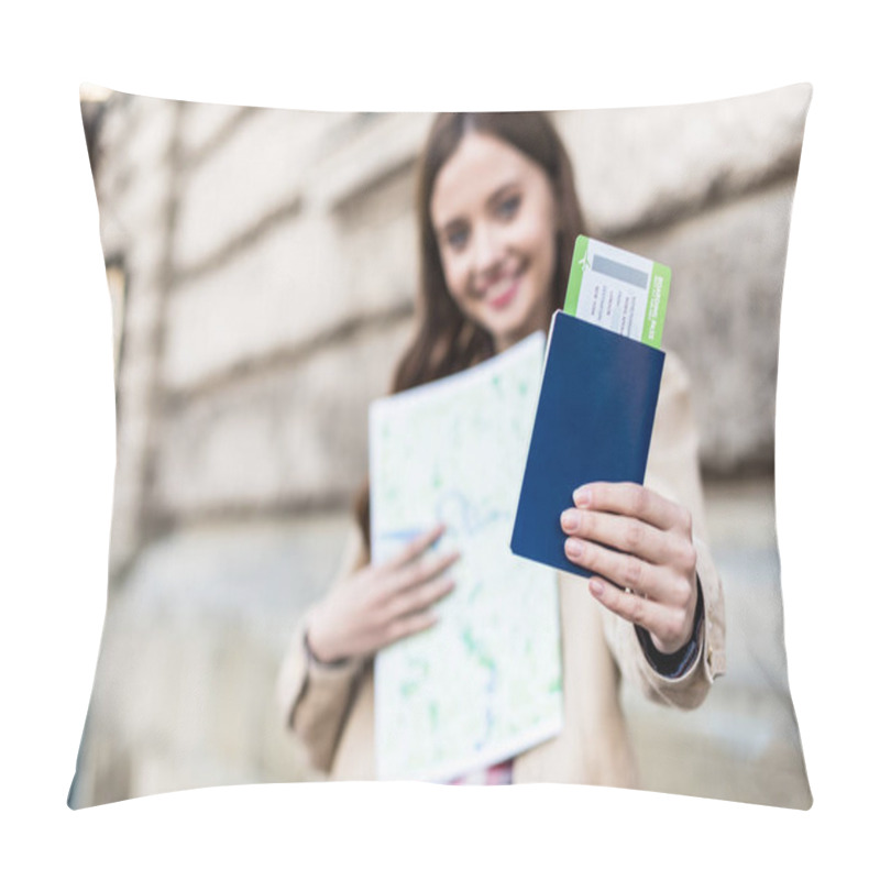 Personality  Selective Focus Of Woman Smiling, Holding Map And Showing Passport With Air Ticket Pillow Covers