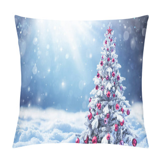 Personality  Snowy Christmas Tree With Red Balls In A Winter Landscape Pillow Covers