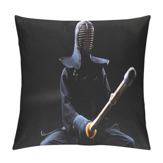 Personality  Kendo Fighter In Helmet Holding Bamboo Sword On Black Pillow Covers