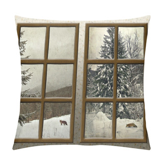 Personality  A Winter View Through A Wood Rustic Window Pillow Covers
