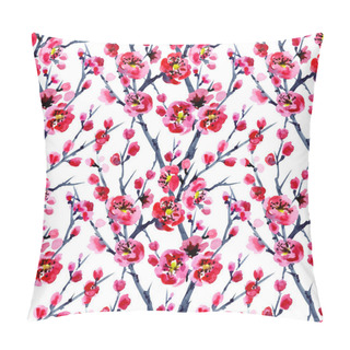 Personality  Seamless Pattern Of Flowering Branches Of Wild Plum Meihua On A White Background, Watercolor Illustration, Print For Fabric And Other Designs. Pillow Covers