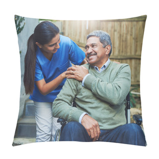 Personality  Thank You For Always Taking Care Of Me. A Cheerful Elderly Man Seated In A Wheelchair While Being Supported By A Female Nurse Outside At Home During The Day Pillow Covers