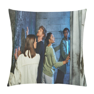 Personality  Group Of Young And Interracial Friends Finding Secret Passage In Quest Room, Adventure And Fun Pillow Covers