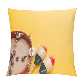 Personality  Tambourine Near Colorful Wooden Maracas On Yellow Background Pillow Covers