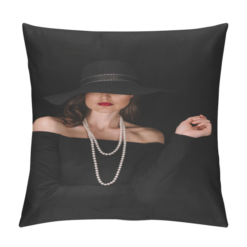 Personality  beautiful woman with eyes covered by black straw isolated on black background  pillow covers