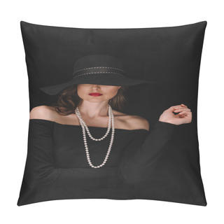 Personality  Beautiful Woman With Eyes Covered By Black Straw Isolated On Black Background  Pillow Covers