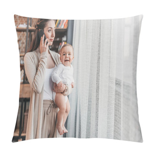 Personality  Mother With Son Talking On Smartphone  Pillow Covers