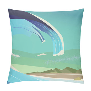 Personality  Big Ocean Wave And Tropical Island.Vector Blue Background Pillow Covers