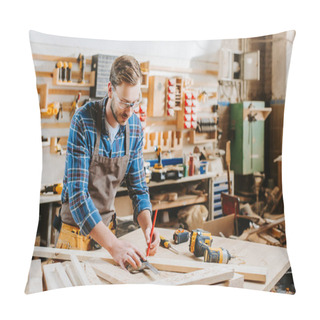 Personality  Handsome Carpenter In Goggles Holding Pencil In Carpentry Shop  Pillow Covers