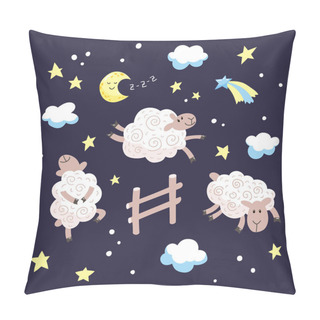Personality  Good Night Cartoon Illustration For Kids. Hand Drawn Cute Sheep Jumping Over The Fence In The Night Sky. Vector Illustration. Pillow Covers