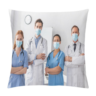 Personality  Multicultural Doctors And Nurses In Medical Masks With Crossed Arms Looking At Camera While Standing Together In Hospital Pillow Covers