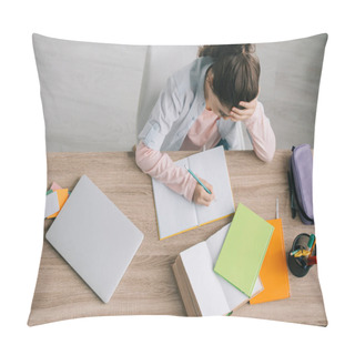 Personality  Overhead View Of Schoolchild Doing Homework While Sitting At Wooden Desk Near Book, Notebooks, Laptop And Pencil Case Pillow Covers