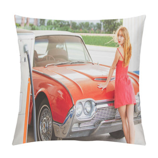 Personality  Woman Refuel The Car. Gas Station. Girl Against Red Retro Automobile. Pillow Covers