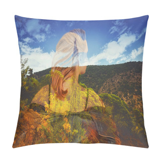 Personality  Girl With Her Hair Back. A Beautiful Landscape Of Mountains, Trees And The Sky With Clouds. The Effect Of Double Exposure, Photo Collage. Pillow Covers