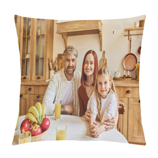 Personality  Happy Parents With Cute Daughter Looking At Camera Near Fresh Fruits And Orange Juice In Kitchen Pillow Covers