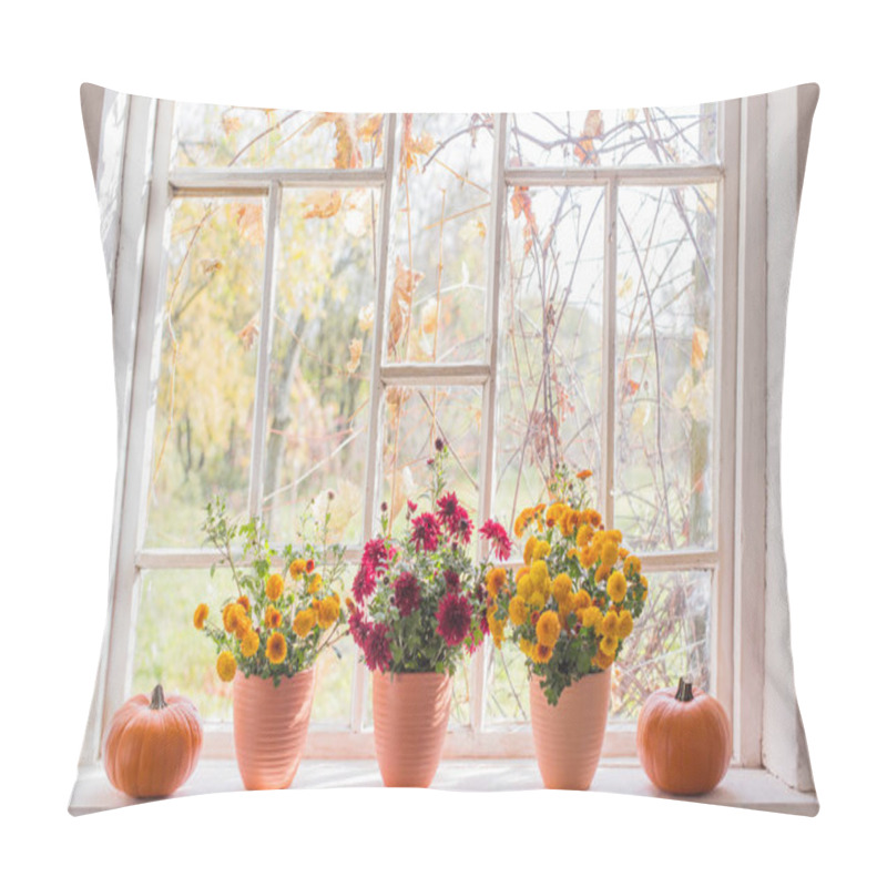 Personality  Chrysanthemums  And Pumpkins On Old White  Windowsill Pillow Covers