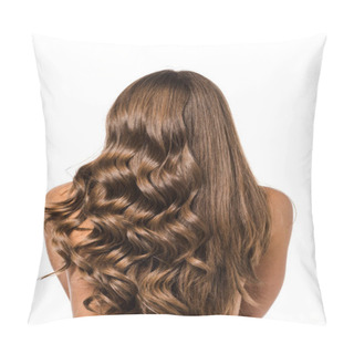 Personality  Back View Of Girl With Curly And Straight Long Brown Hair Isolated On White Pillow Covers