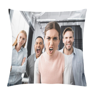 Personality  Aggressive Businesswoman Looking At Camera Near Multiethnic Colleagues On Blurred Background  Pillow Covers
