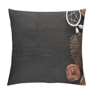 Personality  Top View Of Clay Amulets And Shamanic Dreamcatcher On Dark Wooden Surface Pillow Covers