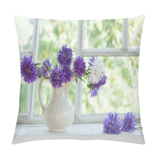 Personality  Beautiful Purple Asters In  Jug On  Windowsill Pillow Covers
