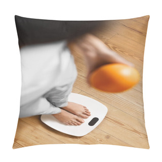 Personality  Healthy Food Eating. Woman On Weighing Scale. Weight Loss. Diet. Pillow Covers