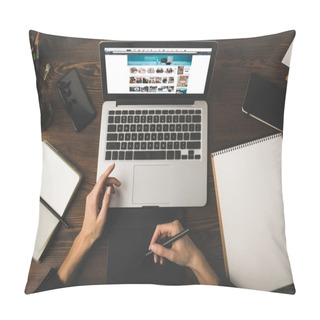 Personality  Cropped Shot Of Designer Using Graphics Tablet And Laptop With Amazon Website On Screen  Pillow Covers