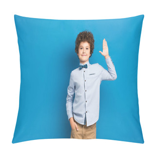 Personality  Joyful Kid In Shirt And Bow Tie Standing With Hand In Pocket And Waving Hand On Blue Pillow Covers
