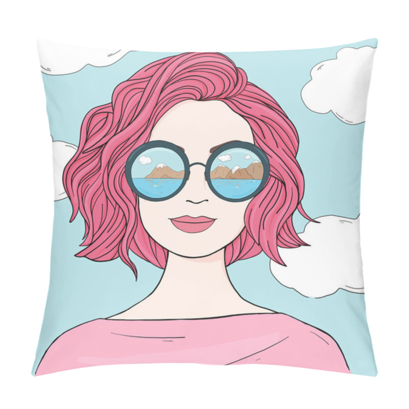 Personality  Fashionable Woman With Pink Hair In Mirrored Sunglasses. Hand-drawn. Pillow Covers
