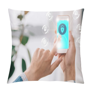 Personality  Partial View Of Man Using Smartphone With Cyber Security Sign On Screen Pillow Covers
