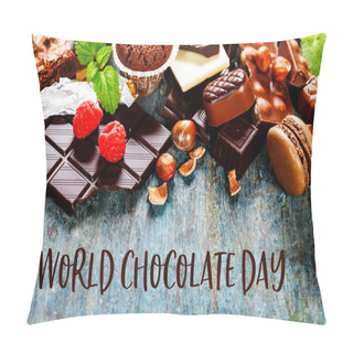 Personality  World Chocolate Day Concept. Chocolate On Blue Wooden Background Pillow Covers