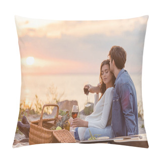 Personality  Selective Focus Of Couple Holding Glasses Of Wine During Picnic On Beach At Evening  Pillow Covers