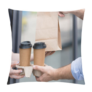 Personality  Cropped View Of Waitress Giving Coffee To Go And Paper Bag To Customer Near Cafe On Urban Street  Pillow Covers