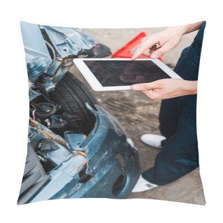 Personality  Cropped View Of Man Pointing With Finger At Digital Tablet With Blank Screen Near Damaged Car  Pillow Covers