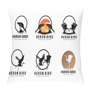 Personality  Bird Heron Stork Logo Design, Birds Heron Flying On The River Vector, Product Brand Illustration Pillow Covers