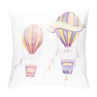 Personality  Colorful Air Balloon Flying With Ribbons. Adventures. Light Pink; Yellow. Watercolor Baby Clipart. Kids Prints. Newborn Art Gift. Nursery Wall Art. Pillow Covers