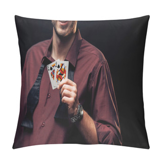 Personality  KYIV, UKRAINE - AUGUST 20, 2019: Cropped View Of Happy Bearded Man Holding Playing Cards Isolated On Black  Pillow Covers